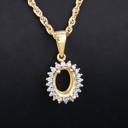 0.13 Carat Genuine White Diamond 14K Yellow Gold Semi Mount Pendant - holds 8x6mm Oval Gemstone