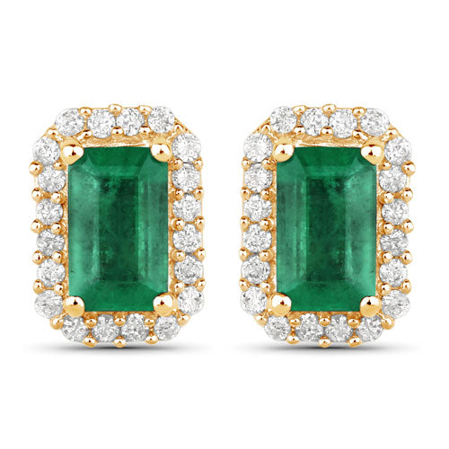 0.91 Carat Genuine Zambian Emerald and White Diamond 14K Yellow Gold Earrings