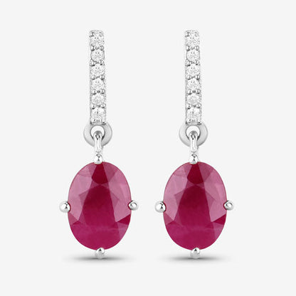 1.75 Carat Genuine Ruby and White Diamond 10K White Gold Earrings
