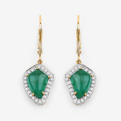 6.40 Carat Genuine Colombian Emerald and White Diamond 14K Yellow Gold Earrings