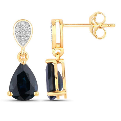 2.76 Carat Genuine Blue Sapphire and White Diamond 10K Yellow Gold Earrings