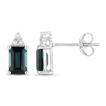 1.25 Carat Genuine Green Tourmaline and White Diamond 14K White Gold Earrings