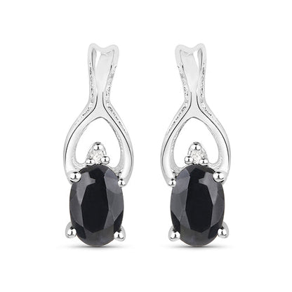 14K White Gold Plated 1.11 Carat Genuine Black Sapphire and White Diamond .925 Sterling Silver Earrings