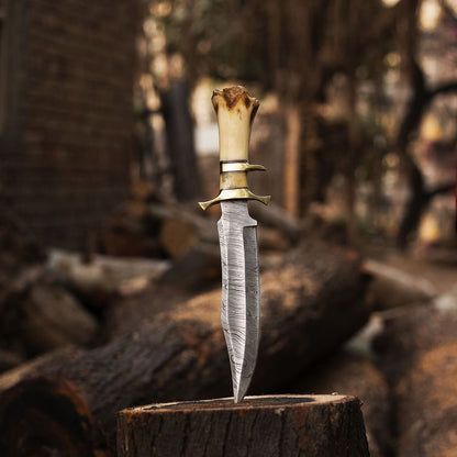 15-Inch Twist Damascus Steel Blade Custom Handcrafted Hunting Bowie Knife | 9.5-Inch Blade, Bone Handle, Brass & Damascus Finger Guards, Leather Sheath | KBS Knives