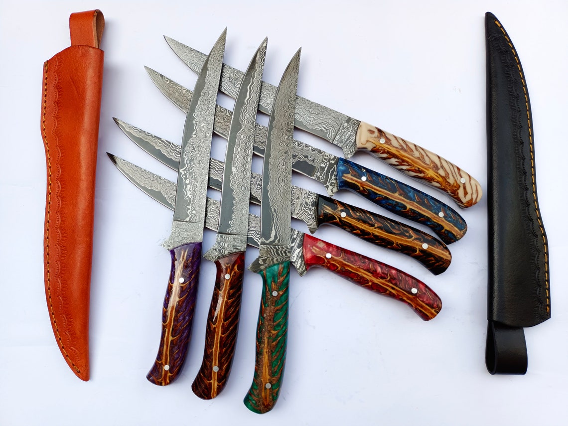Custom Handmade Damascus Steel Fillet Knife with Epoxy Resin Pine Cone Handle - 13 Inch Length with Leather Sheath