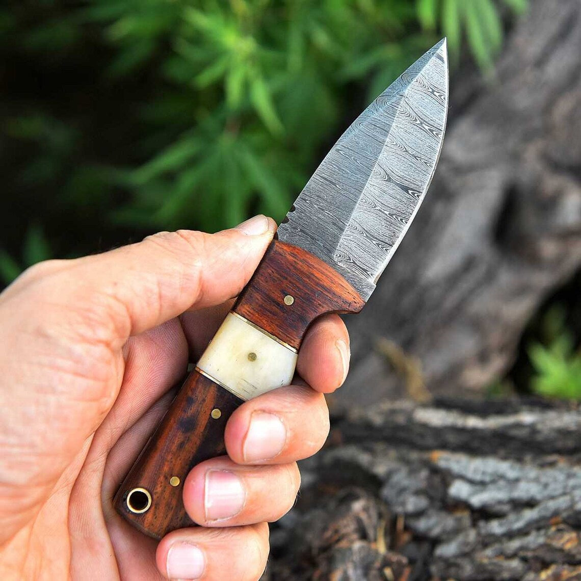 EDC Custom Handmade Damascus Steel Skinning Blade with Rosewood & Bone Handle, 6.25-inch