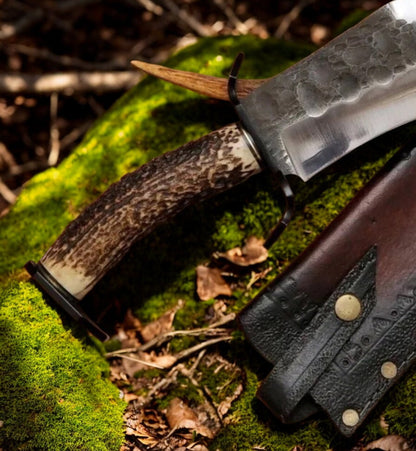 Mountain Stalker Bowie Knife with Antler Handle – 17" Custom Handmade 1095 Steel Blade with Bone Handle