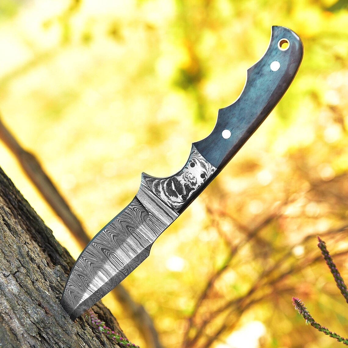 Custom Handmade Damascus Steel Good Skinning Knife with Colored Bone Handle, 8.25-inch