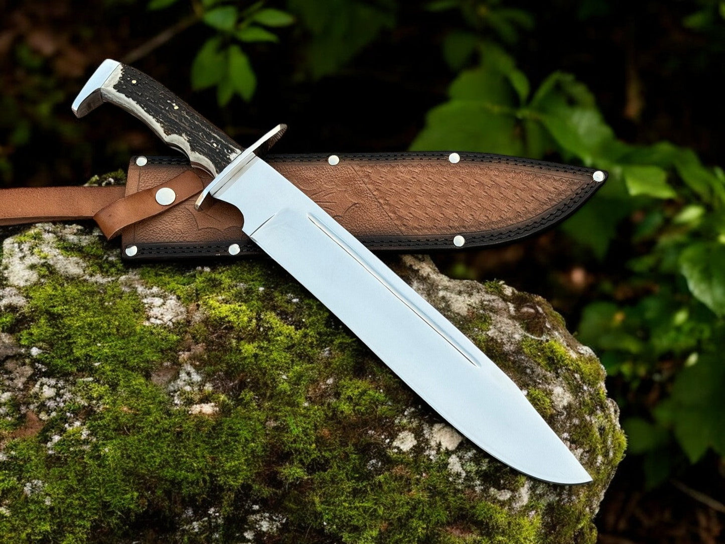 Highlander Stag Handle Bowie – 18" Custom Handmade D2 Steel Blade with Stag Horn Handle