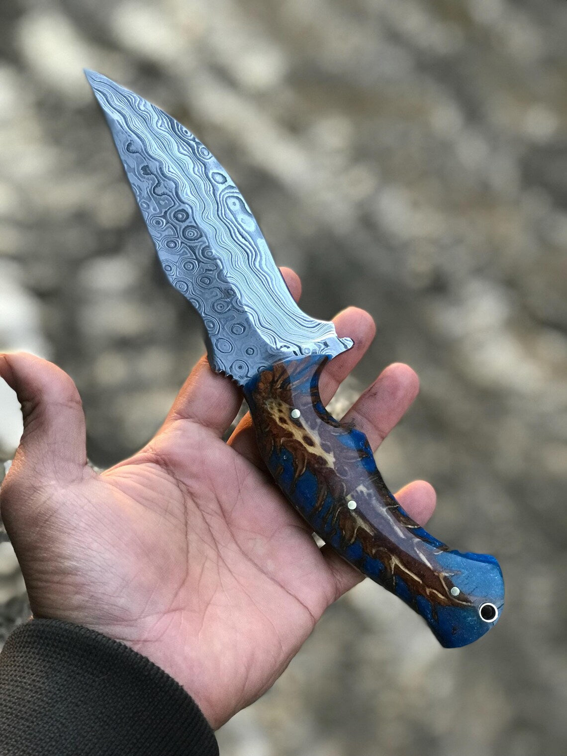 Custom Handmade Damascus Steel Hunting Knife with Raindrop Blade – 10" | KBS Knives
