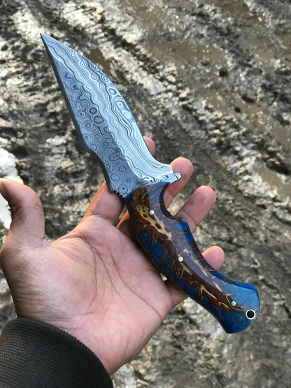 Custom Handmade Damascus Steel Hunting Knife with Raindrop Blade – 10" | KBS Knives
