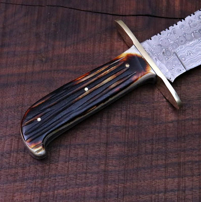 Western Bowie Knife – Handmade 15-Inch Damascus Steel with Bone Handle