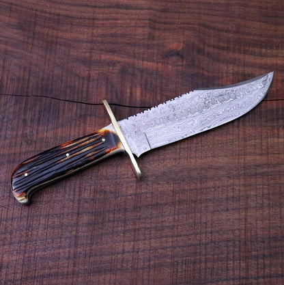 Western Bowie Knife – Handmade 15-Inch Damascus Steel with Bone Handle