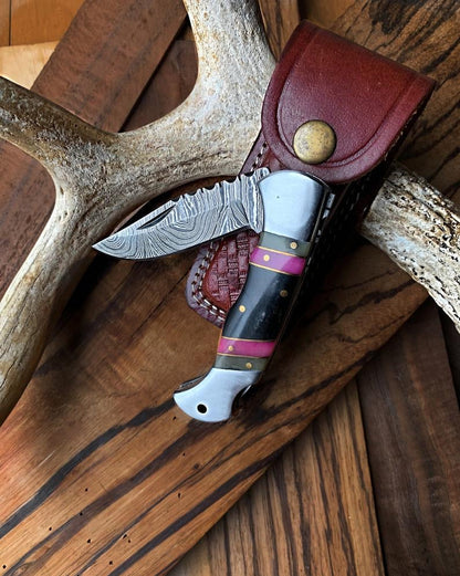 Best Folding Pocket Knife with Buffalo Horn and Color Wood Spacers Handle, 3 Inches Blade Length and Leather Case - For Sale by KBS Knives Store.