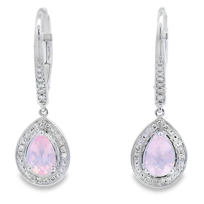 Rose Quartz Diamond Dangle Earrings 10KT White Gold