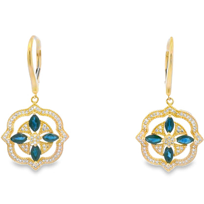 Sapphire Diamond Dangle Earrings 14KT Yellow Gold