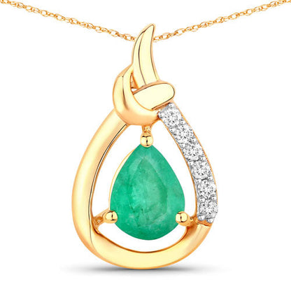 1.18 Carat Genuine Zambian Emerald and White Diamond 10K Yellow Gold Pendant
