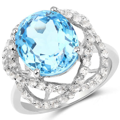 7.32 Carat Genuine Swiss Blue Topaz & White Topaz .925 Sterling Silver Ring