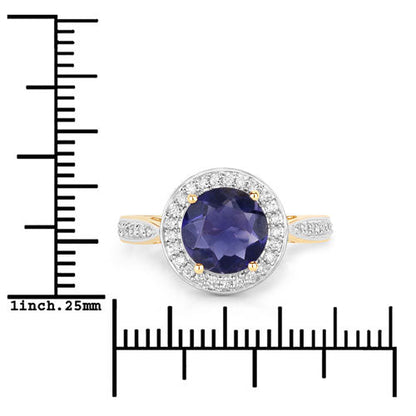 1.79 Carat Genuine Iolite and White Diamond 14K Yellow Gold Ring
