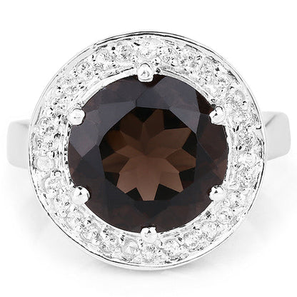 4.52 Carat Genuine Smoky Quartz and White Topaz .925 Sterling Silver Ring