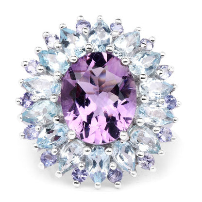 "7.79 Carat Genuine Amethyst, Blue Topaz and Tanzanite .925 Sterling Silver Ring