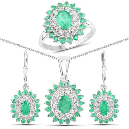 6.53 Carat Genuine Zambian Emerald and White Topaz .925 Sterling Silver 3 Piece Jewelry Set (Ring, Earrings, and Pendant w/ Chain)