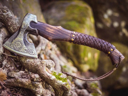 Native American Tomahawk with Custom Handmade Forged Engraved 1095 Steel Blade and Rosewood Handle – Warrior’s Edge