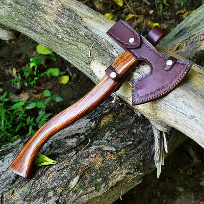 Tomahawk Axe with Custom Handmade Forged Damascus Steel Blade – "Rosewood Warrior"