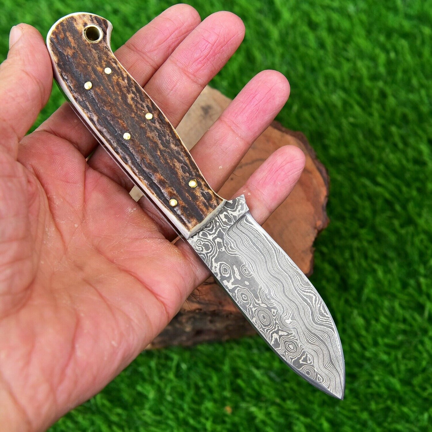 Custom Handmade Damascus Steel Skinning Knife with Stag Horn Handle and Leather Sheath - 7 Inches by KBS Knives Store