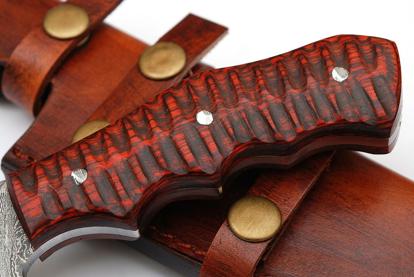 Custom Handcrafted Damascus Steel Tanto Tracker Knife - 11.5" Exotic Color Wood Handle with Horizontal Leather Sheath | Survival, Camping, Tactical | KBS Knives