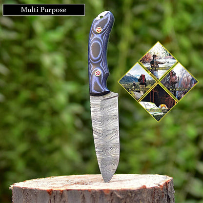 Wilderness Guardian: Hunting Knife with Twist Damascus Steel Blade, Micarta G10 Handle, and Leather Sheath