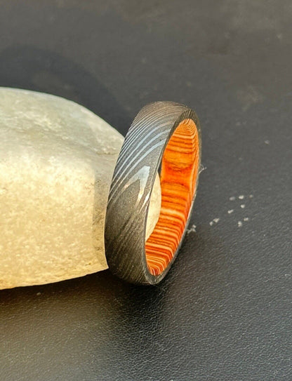 Everlasting Unity Damascus Steel Eternal Commitment Ring with Wood Inlay by KBS Knives Store